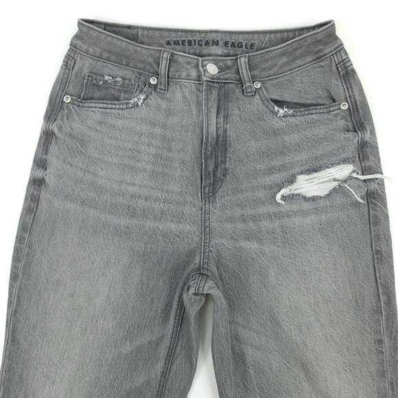 American Eagle Ankle Mom Jeans Sz 4 Gray Denim High Rise Waist Distressed Ripped - Picture 9 of 9